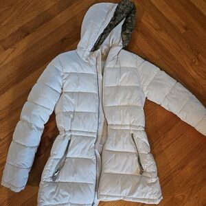 Gap White Puffer Coat Cinch Waist Faux Fur Hood Small S